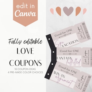 Editable Love Coupons, Printable Love Coupon Book, Valentine Gift, Birthday Gift for Him, Canva Template
