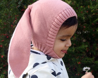 Bonnet lapin cagoule pour bébé et enfant en laine pour l'hiver, rose ou gris à oreilles avec prénom ou texte personnalisable / LITTLE BUNNY