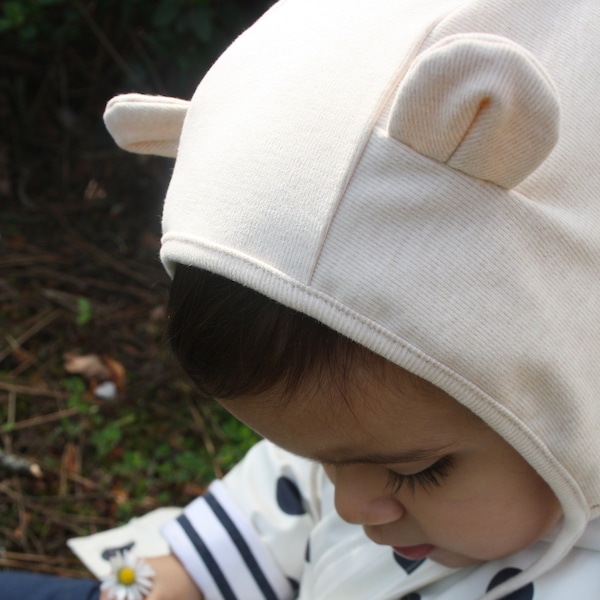 Béguin cagoule bonnet pour bébé forme ourson avec oreilles, prénom appliqué en simili cuir / LITTLE BEAR