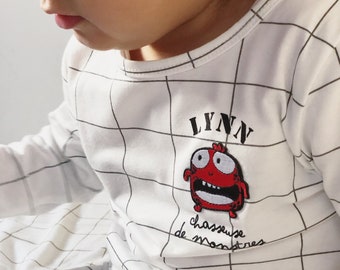 2-piece checkered set personalized with the child's first name, monster embroidered patch, color of your choice / LITTLE DREAMER "MONSTRE"