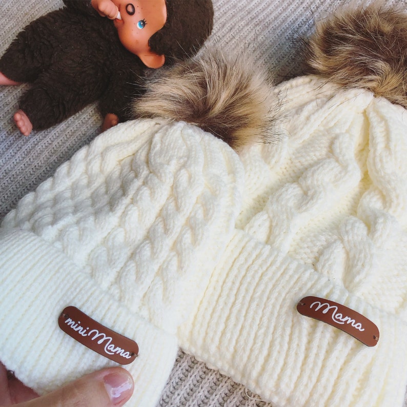 Adult child hat duo, mom and baby, in cabled wool and faux fur pompom, first name or personalized text / LITTLE BEANIE DUO image 5