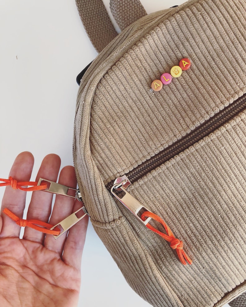 Zippered velvet nursery backpack with personalized word or first name in colored beads / Little BACKPACK COLORFUL image 9