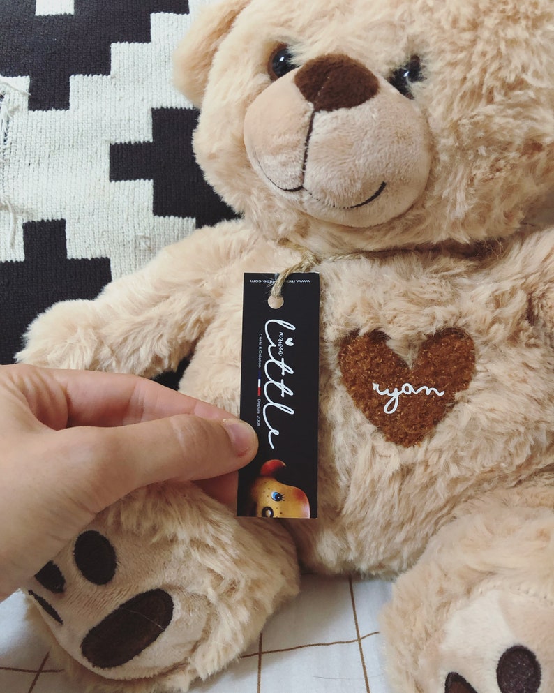 Soft teddy bear for birth or Christmas with hand-sewn toy heart and personalization of baby's first name / LITTLE TEDDY BEAR image 8