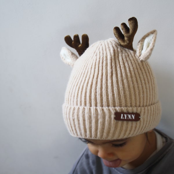 Bonnet de renne du père Noël en lainage doublé chaud pour l'hiver, avec oreilles et personnalisé avec prénom enfant camel / LITTLE DEER