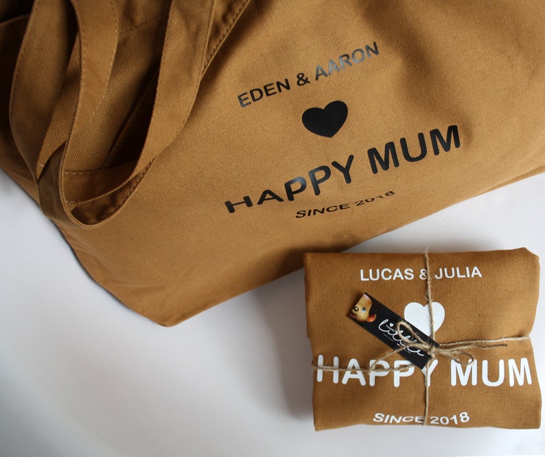 Grand sac shopping pour maman forme cabas en toile effet vintage avec prénom, texte, coeur et date personnalisable / LITTLE MOMMYBAG image 10