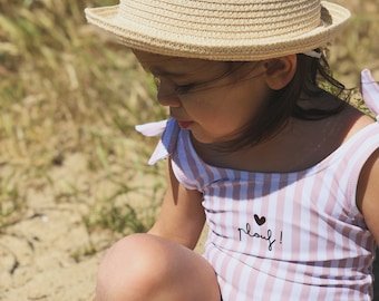 Girls' one-piece striped swimsuit with straps tied at the shoulders, customizable with first name and pattern / LITTLE SWIMSUIT