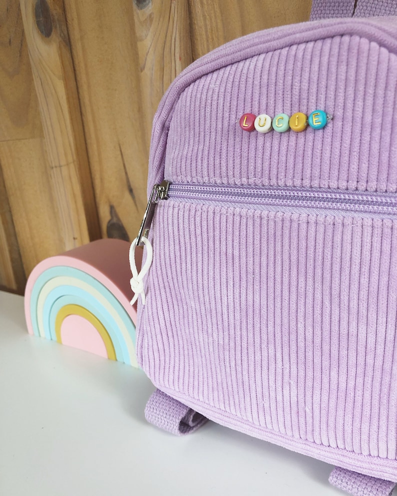 Zippered velvet nursery backpack with personalized word or first name in colored beads / Little BACKPACK COLORFUL image 6