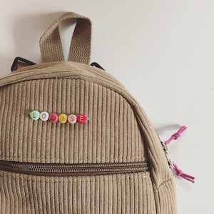 Zippered velvet nursery backpack with personalized word or first name in colored beads / Little BACKPACK COLORFUL image 1