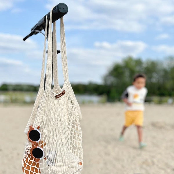 Cabas filet de plage ou de marché avec prenom sur cuir camel / LITTLE NET BAG