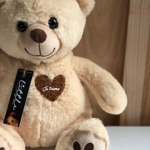 Soft teddy bear for birth or Christmas with hand-sewn toy heart and personalization of baby's first name / LITTLE TEDDY BEAR image 1