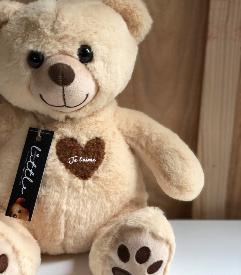 Soft teddy bear for birth or Christmas with hand-sewn toy heart and personalization of baby's first name / LITTLE TEDDY BEAR image 1