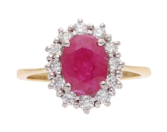 18ct Gold Ruby and Diamond Cluster Ring, Size K.