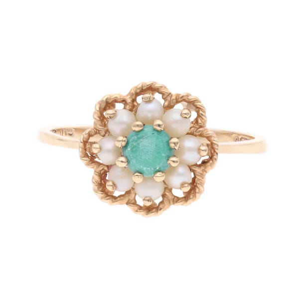9ct Gold Turquoise and Pearl Cluster Ring, Size M