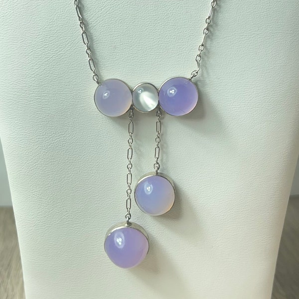 Antique Sterling Silver and Cabochon Chalcedony Drop Necklace, 14 Inches Chain.