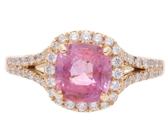 18ct Rose Gold Pink Sapphire and Diamond cluster with Diamond split shoulders Ring.