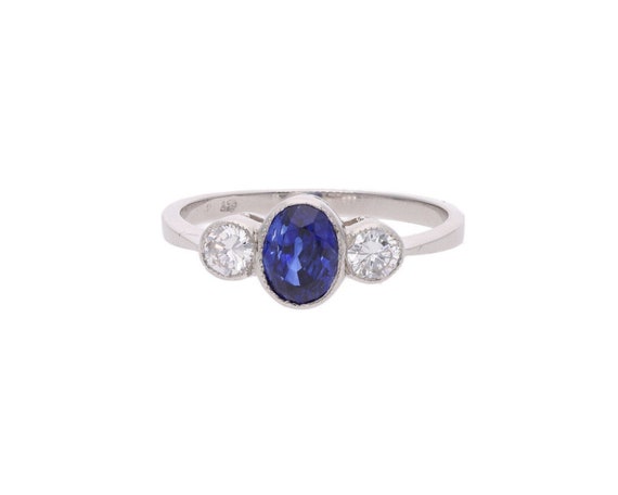 Platinum Blue Sapphire and Diamond Three Stone Ri… - image 1