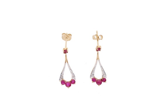 9ct Gold Ruby and Diamond Drop Earrings. - image 1