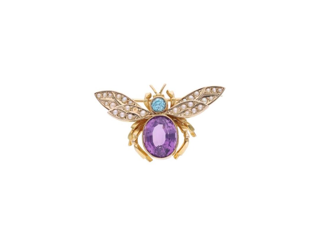 9カラット ゴールド アメジスト、ブルー ジルコン、パールの飛行昆虫