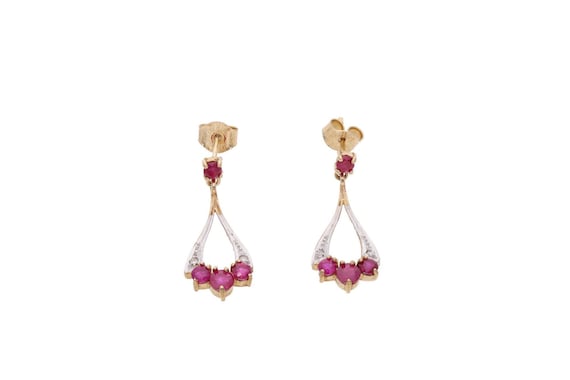 9ct Gold Ruby and Diamond Drop Earrings. - image 2