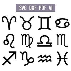 Ensemble de signes du zodiaque découpés au laser (Svg, Dxf, Pdf, Ai), fichiers vectoriels horoscope astrologie pour découpe laser [téléchargement instantané]