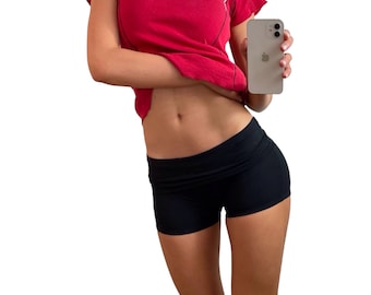Low Rise Fold Over Mini Shorts Black Stretch Jersey