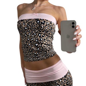 Handmade Bandeau Tube Top Leopard Print and Pink Stretch Cotton