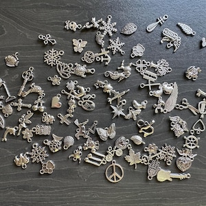 May include: A collection of silver charm pendants featuring various designs, including animals, hearts, keys, stars, and flowers. The charms are perfect for jewellery making or adding a personal touch to crafts.