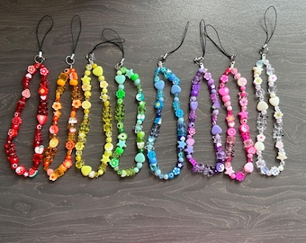 Handmade Beaded Phone Charm, Cute personalised Wrist Strap, Aesthetic Phone Accessory, Rainbow & Colorful Bead Charm Gift