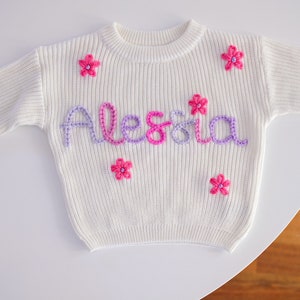 Custom name sweater, personalised, hand-embroidered jumper, baby shower, baby announcement, kids birthday present, over 80 yarn colours image 3