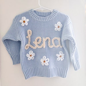 Personalised baby blue knit sweater, jumper, white hand-embroidered, newborn, baby shower, baby announcement, kids birthday present