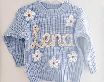 Personalised baby blue knit sweater, jumper, white hand-embroidered, newborn, baby shower, baby announcement, kids birthday present