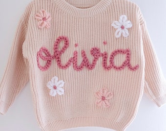 Custom name sweater, personalised, hand-embroidered jumper, baby shower, baby announcement, kids birthday present, over 80 yarn colours