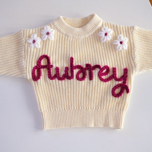 Custom name sweater, personalised, hand-embroidered jumper, baby shower, baby announcement, kids birthday present, over 80 yarn colours Cream