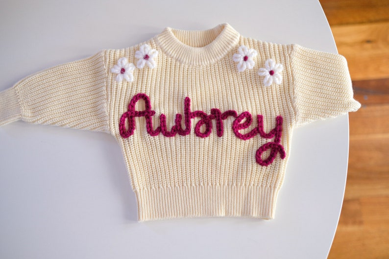 Custom name sweater, personalised, hand-embroidered jumper, baby shower, baby announcement, kids birthday present, over 80 yarn colours Cream