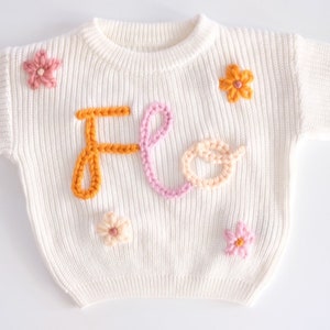 Custom name sweater, personalised, hand-embroidered jumper, baby shower, baby announcement, kids birthday present, over 80 yarn colours White