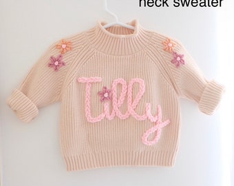 SALE  - CLEARANCE SWEATERS Custom name sweater, personalised, hand-embroidered jumper, baby shower, baby announcement, over 60 yarn colours