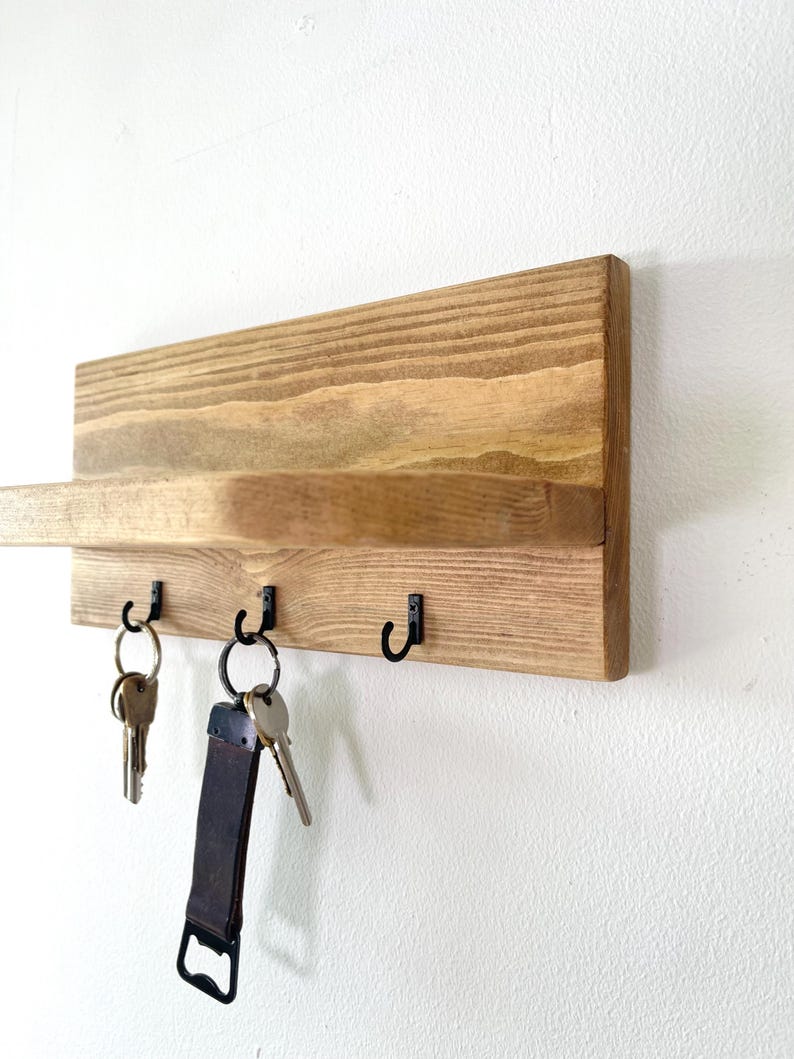 Rustic Wooden Key Holder Shelf – Entryway Organiser, Wall-Mounted Key Rack, Handmade Hallway Storage image 3
