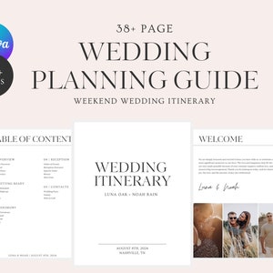 Può includere: Una guida alla pianificazione del matrimonio con un indice, un itinerario di nozze e una pagina di benvenuto. La guida include un itinerario di nozze del fine settimana per Luna Oak e Noah Rain il 5 agosto 2024 a Nashville, TN.