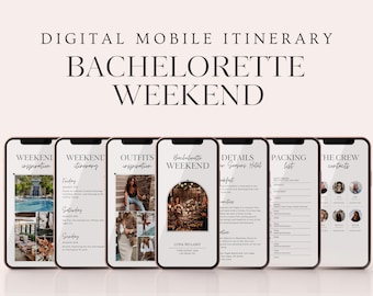 May include: A digital mobile itinerary for a hen weekend. The itinerary includes information about the weekend, a packing list, outfit inspiration, details about the Four Seasons hotel, and contact information for the crew.