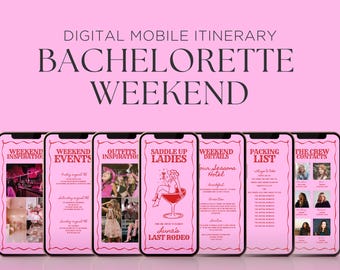 Könnte beinhalten: Ein digitaler mobiler Reiseplan für ein Junggesellinnen-Wochenende mit einem rosa und roten Farbschema. Der Reiseplan umfasst Abschnitte für Wochenendinspiration, Veranstaltungen, Outfits, Packliste, Crew-Kontakte und Wochenenddetails. Der Titel des Reiseplans lautet "Junggesellinnen-Wochenende".