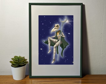 Khonshu art print, size a6, a5, a4, moon knight wall art, Egyptian mythology, moon god