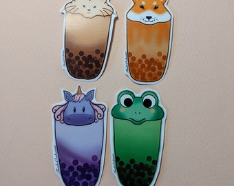 Sticker animal mignon de thé boba, chien shiba inu, chat, licorne, grenouille, thé à bulles de cassonade, matcha, taro