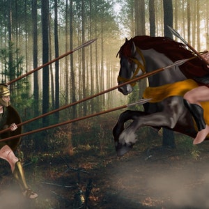 May include: A group of three soldiers in armor and helmets, holding spears, face off against a lone soldier on horseback in a forest setting. The soldier on horseback is wearing a red and gold armor and a red cape. The scene is reminiscent of a battle or a historical event.