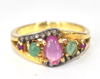 Emerald Ruby Ring, Pave Diamond 925 Sterling Silver