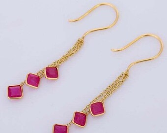 Natural Ruby 925 Sterling Silver Dangle Earrings, Handmade