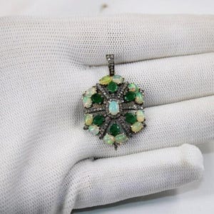 Fire Opal Gemstone Pendant, Emerald Gemstone Pendant, Pave Diamond Charm Pendant, 925 Sterling Silver Pendant, Diamond Silver Charm Pendant