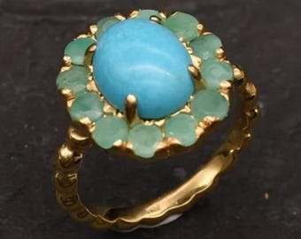Turquoise & Emerald Gemstone Ring, Flower Design, 925 Sterling Silver