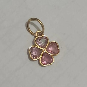 Pink Sapphire Gemstone Pendant, Gold Clover Charm, Solid 14k Gold Pendant, Flower Shape Gold Charm, Solid Gold Charm Pendant, Small Charm