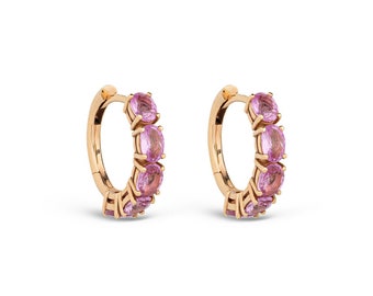 14k Yellow Gold Hoop Earrings: Pink Sapphire Gemstone, Dainty 20mm