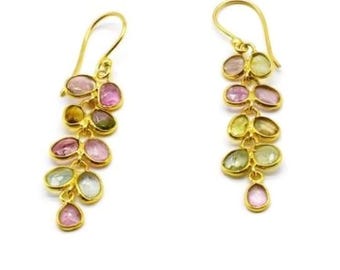 Multi Tourmaline Earrings, Gold Plated 925 Sterling Silver, Handmade